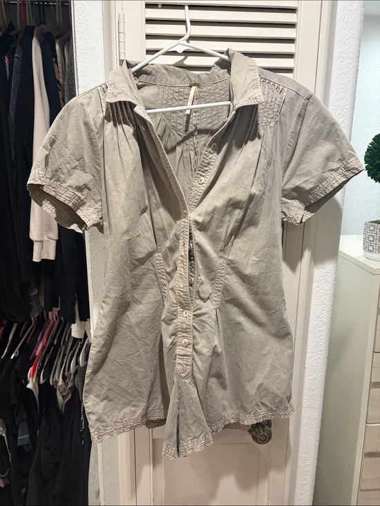 Free People Pants - Free People Light Taupe Short-Sleeve Button Front Romper